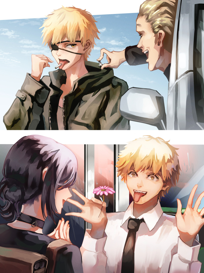 1girl 2boys absurdres annoyed ao_desu2222 arms_up backpack bag black_choker black_hair black_jacket black_necktie blonde_hair blue_sky chainsaw_man choker cigarette coin collared_shirt denji_(chainsaw_man) eyepatch flower grey_hair hair_bun highres holding holding_coin jacket looking_at_another multiple_boys necktie open_mouth pink_flower reze_(chainsaw_man) sharp_teeth shirt short_hair sky smile teeth tongue tongue_out white_shirt yellow_eyes