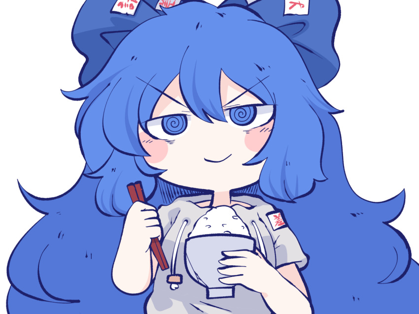 1girl @_@ blue_bow blue_eyes blue_hair blush_stickers bow bowl chopsticks closed_mouth fried_rice0614 grey_hoodie hair_between_eyes hair_bow holding holding_bowl holding_chopsticks hood hoodie long_hair one-hour_drawing_challenge rice short_sleeves simple_background smile solo touhou upper_body white_background yorigami_shion