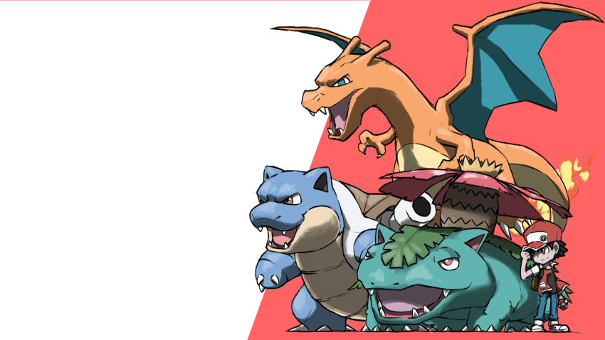 1boy :3 adjusting_clothes adjusting_headwear animal_focus arm_at_side baseball_cap black_hair black_shirt blacknirrow blastoise blue_eyes blue_pants bright_pupils brown_eyes charizard claws closed_mouth commentary dragon english_commentary fangs fern flame-tipped_tail flower from_side full_body grey_eyes half-closed_eyes hand_up happy hat highres holding holding_poke_ball leaf open_clothes open_mouth open_vest pants pink_flower plant poke_ball poke_ball_(basic) pokemon pokemon_(creature) pokemon_(game) pokemon_rgby raglan_sleeves red_(pokemon) red_background red_eyes red_headwear red_vest shirt shoes short_hair short_sleeves sideways_mouth simple_background smile spiky_hair split_mouth standing starter_pokemon_trio two-tone_background venusaur vest white_footwear white_pupils white_sleeves