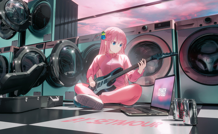 1girl absurdres bangs blue_eyes bocchi_the_rock! can clouds coca-cola_zero computer crossed_legs cube_hair_ornament electric_guitar gibson_les_paul gotou_hitori guitar hair_ornament hair_over_eyes highres holding holding_instrument holding_plectrum instrument instrument_case jacket laptop laundromat long_hair music one_side_up pants pink_hair pink_jacket pink_pants pink_track_suit playing_instrument plectrum scenery seymour sitting soda_can track_jacket track_pants