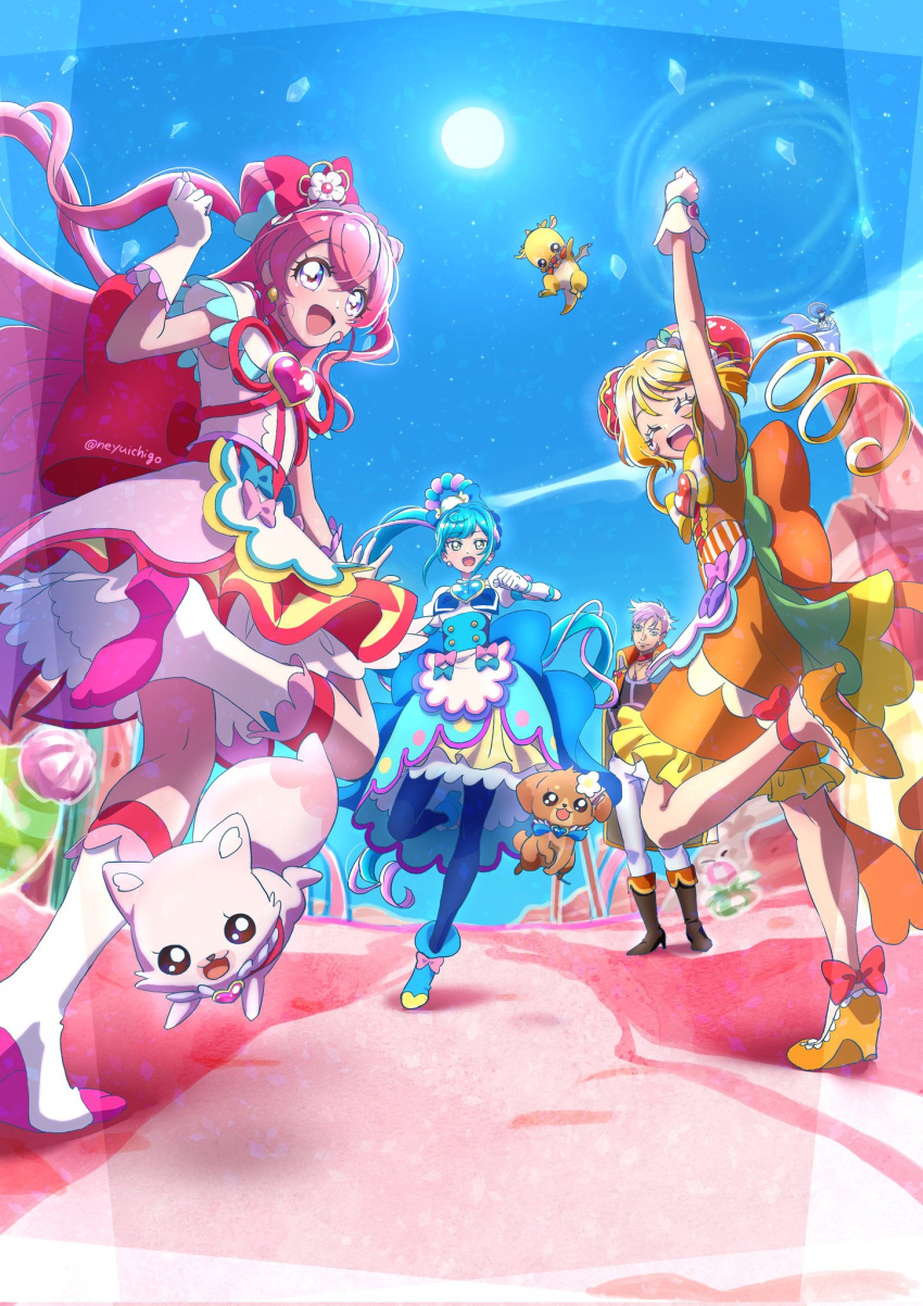 1boy 3girls back_bow blonde_hair blue_hair boots bow brooch bun_cover closed_eyes commentary_request cure_precious cure_spicy cure_yum-yum delicious_party_precure double_bun fuwa_kokone gloves hair_bun hanamichi_ran heart_brooch highres huge_bow jewelry kome-kome_(precure) magical_girl mem-mem_(precure) multiple_girls nagomi_yui open_mouth pam-pam_(precure) pink_hair precure purple_hair rosemary_(precure) side_ponytail smile strawberrylove2525 two_side_up violet_eyes white_gloves