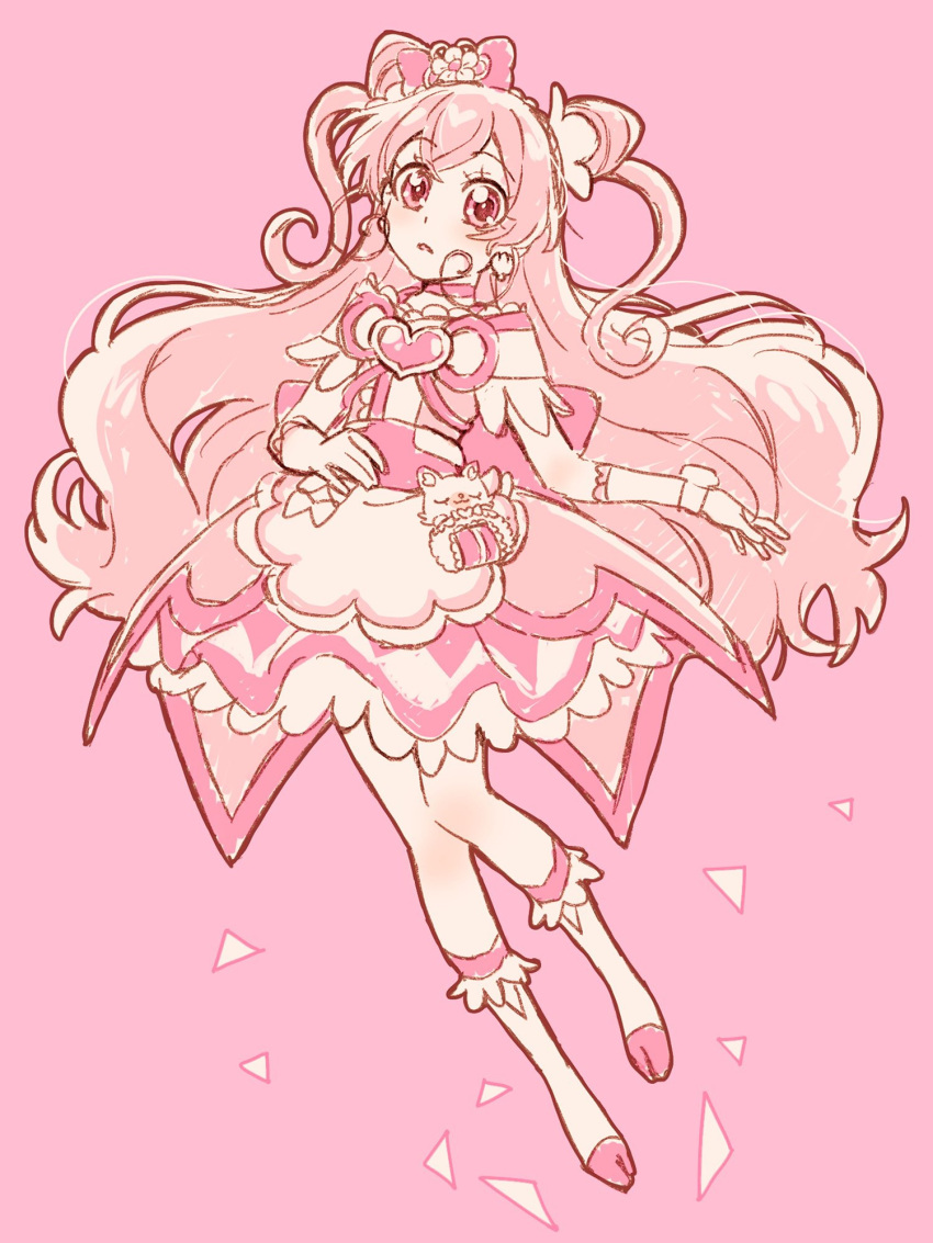 1girl boots brooch choker cone_hair_bun cure_precious delicious_party_precure earrings full_body gloves hair_bun heart_brooch highres huge_bow jewelry long_hair magical_girl open_mouth pink_background pink_choker pink_hair pink_theme precure solo two_side_up white_gloves yufu_kyouko