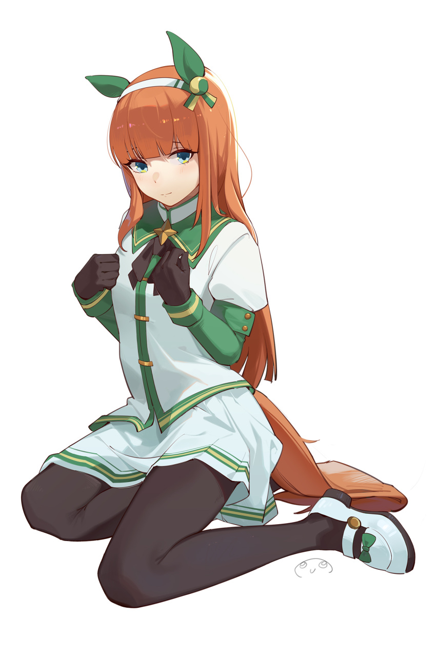 1girl absurdres animal_ears bangs black_bow black_bowtie black_pantyhose blue_eyes blue_gloves blunt_bangs bow bowtie brown_hair brown_tail closed_mouth commentary_request ear_covers flat_chest footwear_bow full_body gloves green_bow green_sailor_collar hairband hands_up highres hime_cut horse_ears horse_girl horse_tail lamser light_blush long_hair looking_at_viewer pantyhose pleated_skirt sailor_collar shirt silence_suzuka_(umamusume) simple_background sitting skirt solo tail umamusume white_background white_footwear white_hairband white_shirt white_skirt yokozuwari