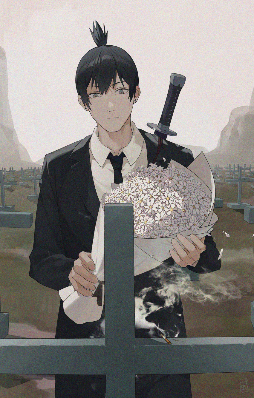 1boy black_hair black_necktie black_pants chainsaw_man cigarette closed_mouth collared_shirt commentary_request cowboy_shot earrings facing_viewer flower formal graveyard hayakawa_aki highres holding holding_flower jewelry lamser looking_down male_focus necktie outdoors pants shirt short_hair smoke solo standing stud_earrings suit sword sword_on_back tombstone topknot weapon weapon_on_back white_flower white_shirt