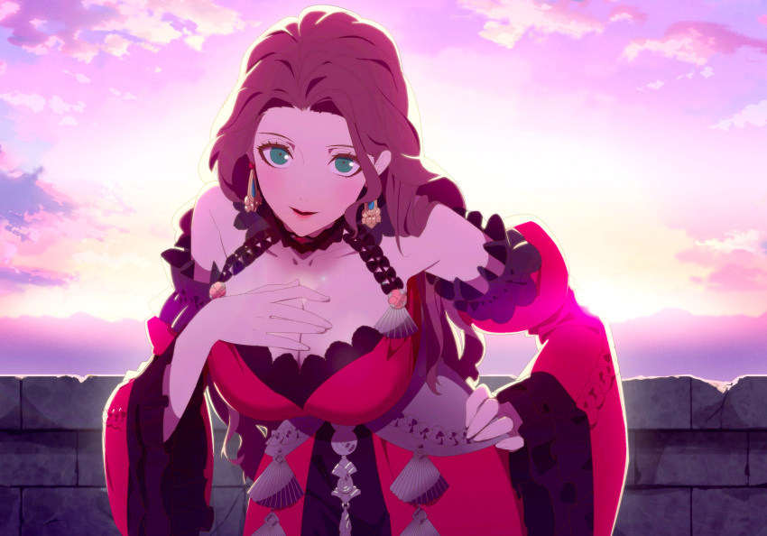 bent_over brick_wall brown_hair clouds cloudy_sky dorothea_arnault dress earrings fire_emblem fire_emblem:_three_houses green_eyes highres jewelry long_hair looking_at_viewer non-web_source official_art red_dress sky wall