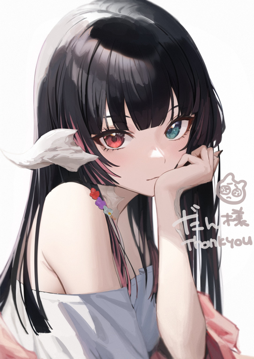 1girl absurdres au_ra bangs black_hair black_nails blue_eyes commission cyobiro dragon_horns final_fantasy final_fantasy_xiv from_side hand_rest heterochromia highres hime_cut horns long_hair looking_at_viewer multicolored_hair off-shoulder_shirt off_shoulder red_eyes scales shirt skeb_commission solo streaked_hair thank_you upper_body white_background white_shirt