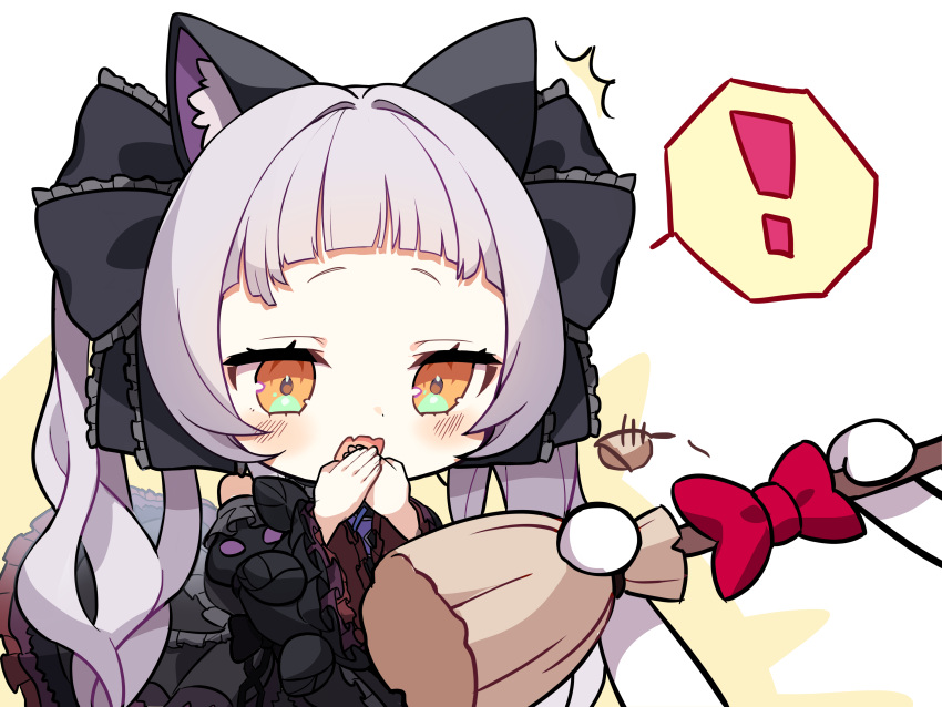 ! 1girl absurdres animal_ears bangs black_dress blush bow broom cat_ears chibi dress frilled_ribbon frilled_sleeves frills grey_hair hair_ribbon hand_to_own_mouth highres holding holding_broom hololive long_hair long_sleeves misyune murasaki_shion open_mouth orange_eyes red_bow ribbon simple_background solo_focus spoken_exclamation_mark twintails virtual_youtuber wide_sleeves