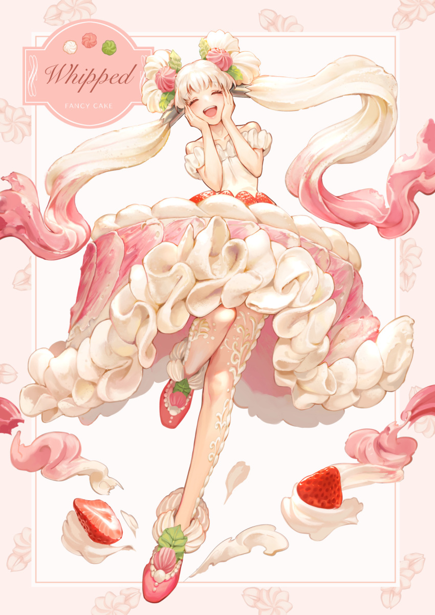 1girl :d ^_^ aruk bangs border cake cake_dress closed_eyes double_bun dress english_text facing_viewer flower food food-themed_clothes food_as_clothes fruit full_body gradient_hair hair_as_food hair_bun hair_flower hair_ornament hands_on_own_face highres leg_up long_hair multicolored_hair off-shoulder_dress off_shoulder original outside_border pantyhose patterned_legwear personification pink_border pink_dress pink_footwear pink_hair pink_pantyhose shoes smile solo strawberry teeth twintails upper_teeth whipped_cream white_background white_dress white_hair