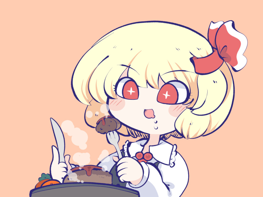 1girl black_vest blonde_hair blush carrot chahan_(fried_rice0614) collared_shirt drooling food fork frilled_shirt_collar frills hair_ribbon hands_up holding holding_fork holding_knife knife long_sleeves looking_at_object meat mouth_drool necktie open_mouth orange_background red_eyes red_necktie red_ribbon ribbon rumia shirt short_hair simple_background solo sparkling_eyes steak steam steaming_food table touhou vest white_shirt