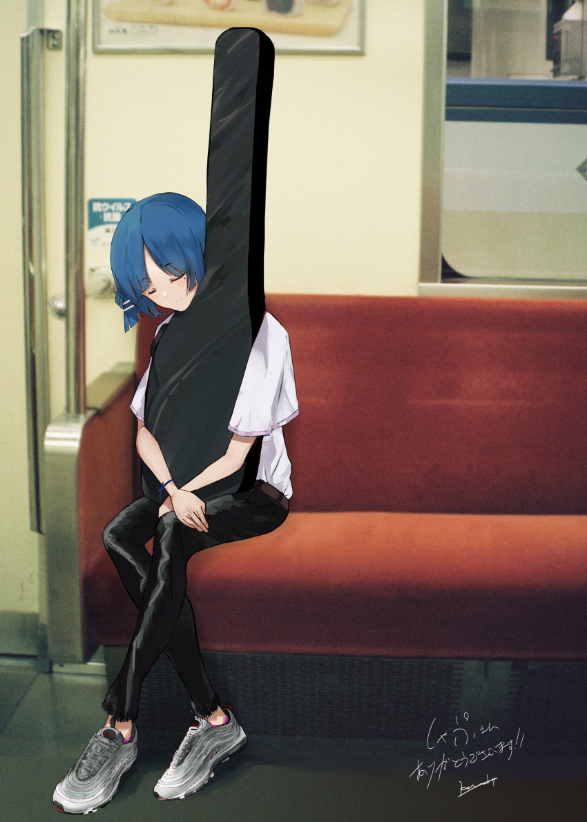 1girl absurdres air_max_97 black_pants blue_hair bocchi_the_rock! cable_tie closed_eyes commission ground_vehicle guitar_case hair_ornament highres instrument_case light_smile mole mole_under_eye nike object_hug pants photo_background recycle_(uchi_mlk) shirt shirt_tucked_in short_hair sitting skeb_commission train train_interior white_shirt yamada_ryou
