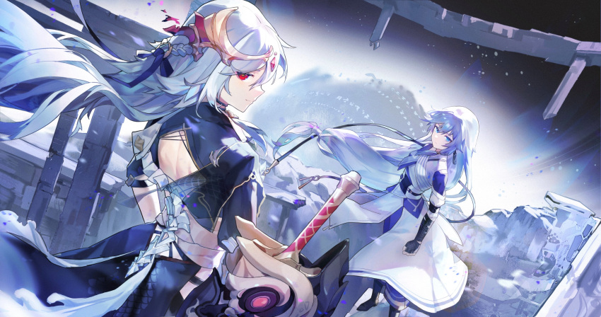 2girls absurdres backless_dress backless_outfit bangs black_dress black_footwear blue_hair boots braid character_request closed_mouth commentary_request dress grey_hair hair_between_eyes hand_wraps highres honkai_(series) honkai_impact_3rd huge_weapon multiple_girls profile purple_hair red_eyes smile sword weapon xiaoxiaoanye