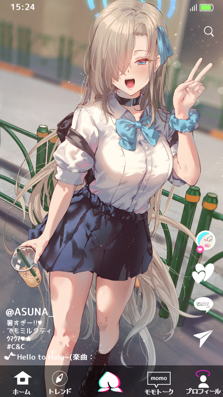1girl asuna_(blue_archive) backpack bag bangs battery_indicator black_bag black_choker black_footwear black_socks blue_archive blue_bow blue_bowtie blue_eyes blue_ribbon blue_scrunchie blue_skirt bow bowtie breasts bubble_tea character_name choker collared_shirt commentary_request cup disposable_cup drinking_straw feet_out_of_frame fence hair_over_one_eye hair_ribbon halo hand_up highres holding holding_cup large_breasts light_brown_hair loafers long_bangs long_hair looking_at_viewer open_mouth outdoors phone_screen pleated_skirt puffy_short_sleeves puffy_sleeves ribbon scrunchie shirt shoes short_sleeves shuru_y skirt smile socks solo standing swept_bangs translation_request v very_long_hair white_shirt wrist_scrunchie