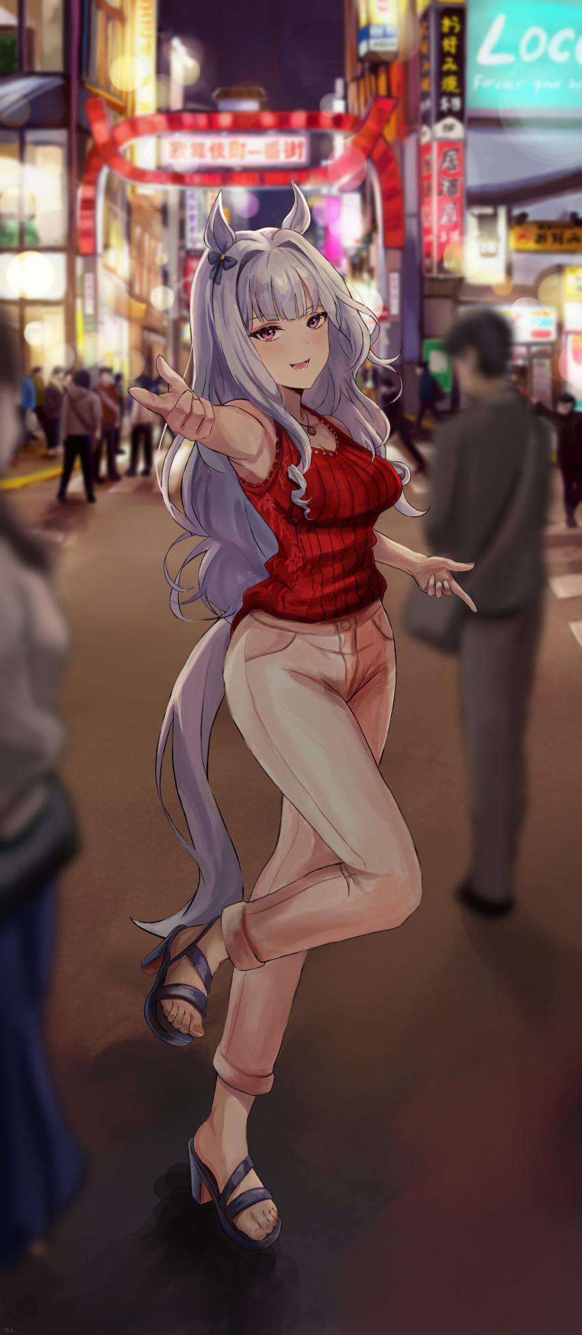 1girl absurdres animal_ears bangs casual city city_lights crowd denim gold_ship_(umamusume) hair_tie high_heels highres horse_ears horse_girl horse_tail jeans long_hair long_legs looking_at_viewer outdoors pants red_sweater road sleeveless solo sweater tail umamusume yato_(yama0x1)