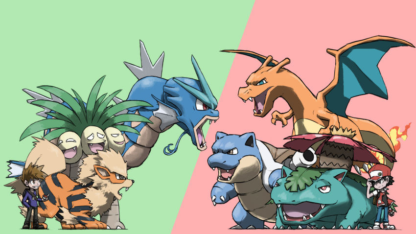 2boys :3 adjusting_clothes adjusting_headwear animal_focus arcanine arm_at_side bag baseball_cap black_eyes black_hair black_pants black_shirt blacknirrow blastoise blue_eyes blue_pants blue_shirt bright_pupils brown_eyes brown_footwear brown_hair charizard claws closed_mouth commentary dragon english_commentary exeggutor eye_contact fangs fern flame-tipped_tail flower from_side full_body gary_oak green_background grey_eyes grin gyarados half-closed_eyes hand_in_pocket hand_up happy hat highres holding holding_poke_ball jewelry leaf long_sleeves looking_at_another looking_to_the_side multiple_boys multiple_heads necklace open_clothes open_mouth open_vest pants pink_flower plant poke_ball poke_ball_(basic) pokemon pokemon_(creature) pokemon_(game) pokemon_rgby profile raglan_sleeves red_(pokemon) red_background red_eyes red_headwear red_vest shirt shoes short_hair short_sleeves shoulder_bag sideways_mouth simple_background smile spiky_hair split_mouth standing starter_pokemon_trio teeth two-tone_background v-shaped_eyebrows venusaur vest white_footwear white_pupils white_sleeves