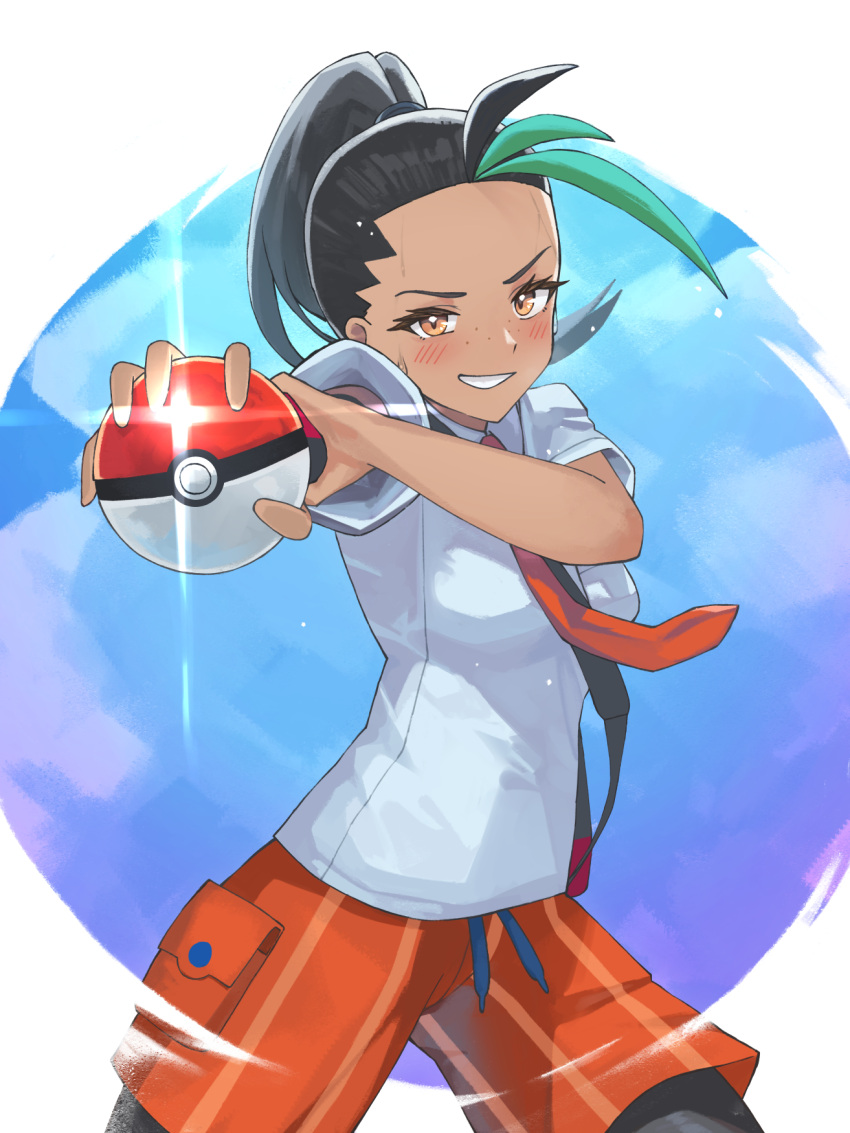 1girl black_hair blush brown_eyes commentary_request eyelashes freckles green_hair highres holding holding_poke_ball legs_apart looking_at_viewer multicolored_hair necktie nemona_(pokemon) orange_necktie orange_shorts pantyhose pearlbbbb poke_ball poke_ball_(basic) pokemon pokemon_(game) pokemon_sv ponytail shirt short_sleeves shorts smile solo streaked_hair two-tone_hair