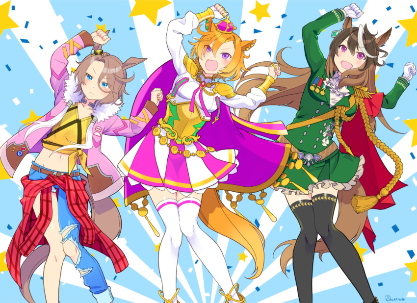 3girls :d aiguillette animal_ears arms_up artist_name ascot asymmetrical_pants bangs belt black_thighhighs blue_choker blue_eyes blue_pants brooch brown_belt brown_hair cape carnival_phantasm choker clenched_hands closed_mouth clothes_around_waist coat commentary_request confetti crown dancing denim dress ear_ornament ear_piercing earclip epaulettes frilled_skirt frills frown fur-trimmed_coat fur_trim glaring gloves green_jacket green_skirt horse_ears horse_girl horse_tail jacket jeans jewelry leaning_to_the_side long_hair long_sleeves looking_at_viewer medal midriff mini_crown miniskirt multicolored_hair multiple_girls narita_taishin_(umamusume) navel open_clothes open_coat orange_hair pants piercing pink_coat purple_cape purple_headwear quatraise red_shirt shirt short_dress short_hair signature single_epaulette skirt smile standing star_(symbol) streaked_hair super_affection swept_bangs symboli_rudolf_(umamusume) t.m._opera_o_(umamusume) tail thigh-highs tied_shirt torn_clothes torn_pants umamusume violet_eyes white_ascot white_dress white_gloves white_hair white_shirt white_thighhighs yellow_shirt
