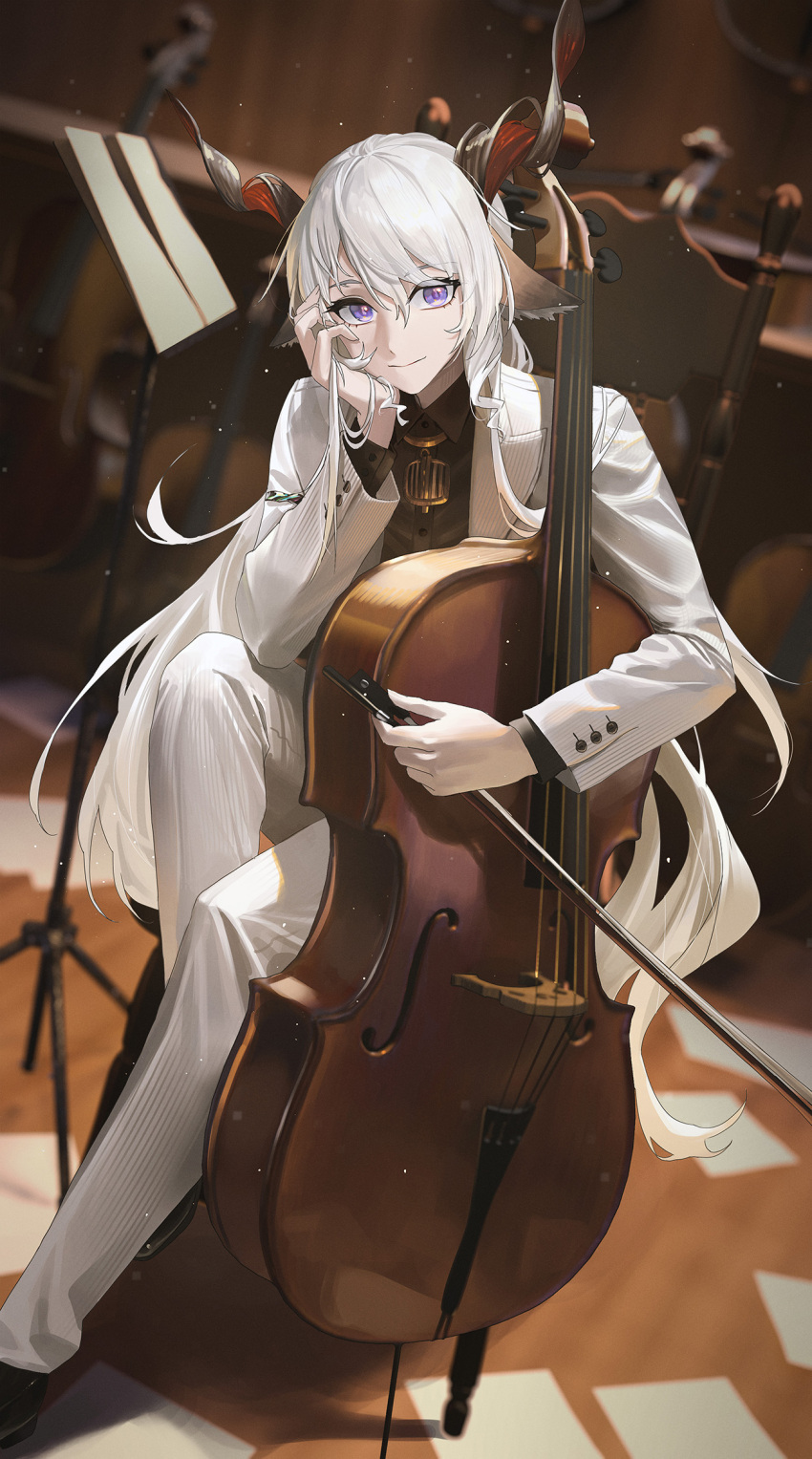 1boy animal_ears arknights bangs black_footwear black_shirt blurry blurry_background bow_(music) cello chair closed_mouth collared_shirt highres holding_bow_(music) horns indoors instrument jacket kreide_(arknights) loafers long_hair long_sleeves looking_at_viewer male_focus music_stand pants paper shirt shoes sitting smile solo ttk_(kirinottk) violet_eyes white_hair white_jacket white_pants