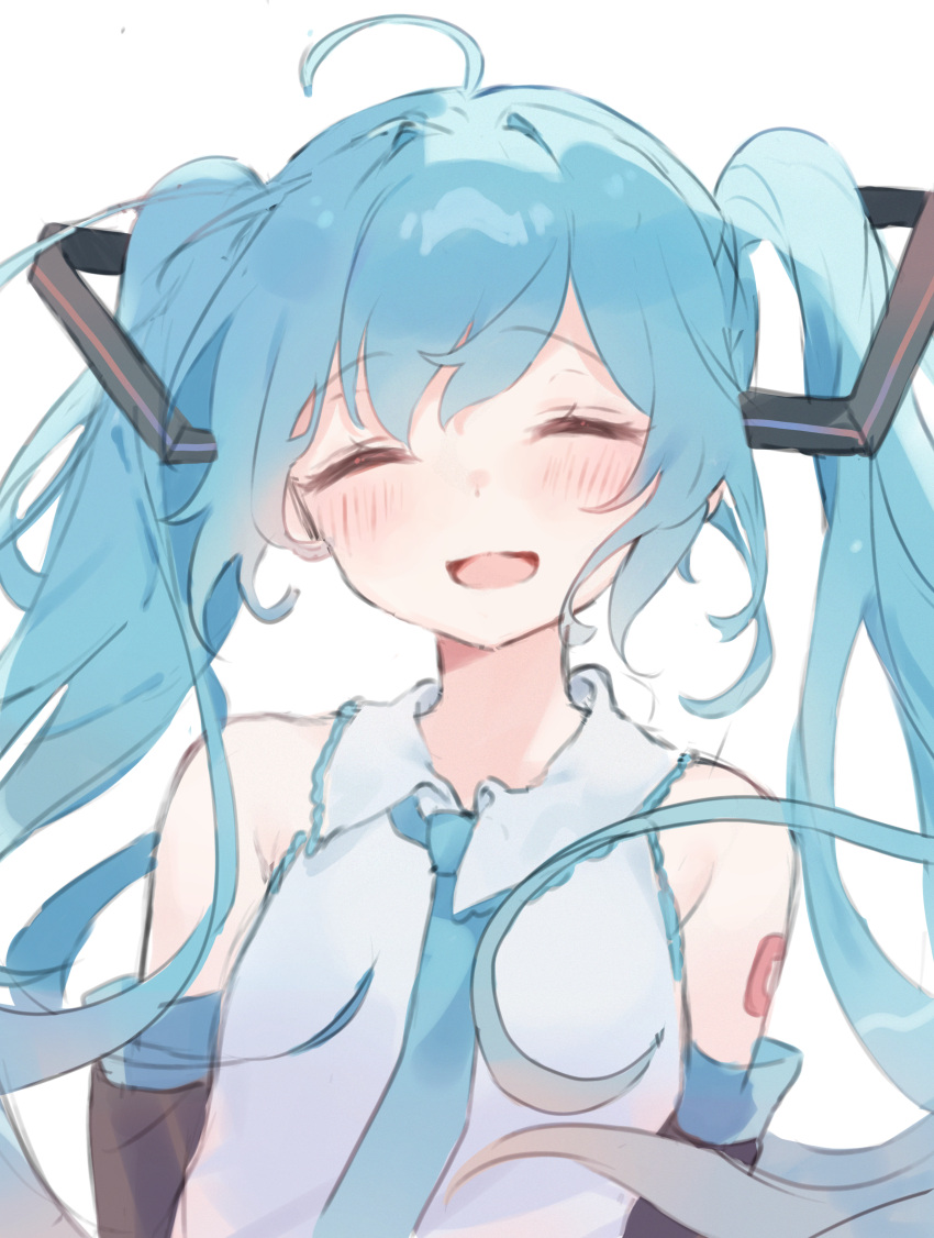 1girl ^_^ ^o^ absurdres ahoge armpit_crease arms_behind_back bangs bare_shoulders black_sleeves blue_hair blue_necktie blush closed_eyes cropped detached_sleeves dot_nose facing_viewer floating_hair hair_intakes hair_ornament happy hatsune_miku highres long_hair long_sleeves necktie o_(jshn3457) shoulder_tattoo simple_background sleeveless smile solo straight-on swept_bangs tattoo twintails upper_body vocaloid white_background wind wing_collar