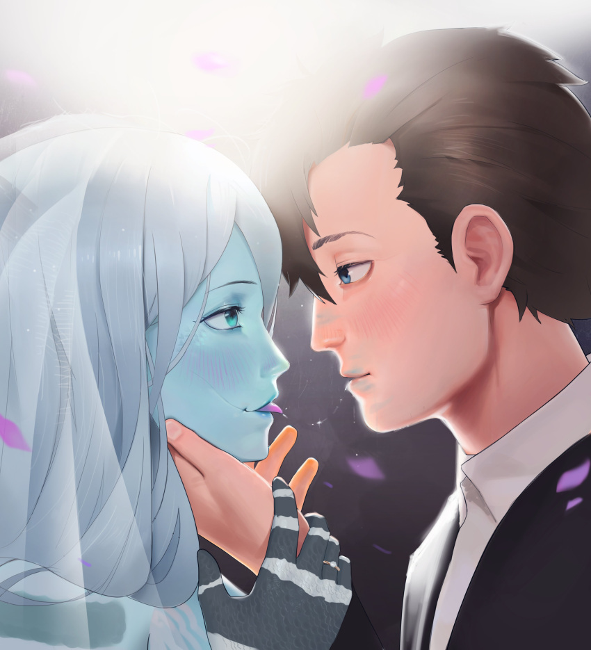 1boy 1girl absurdres after_kiss blue_eyes blush boonie_baby borrowed_character brown_hair colored_skin couple edan_(sparrowl) eye_contact formal green_eyes grey_hair hand_on_another's_cheek hand_on_another's_face hetero highres husband_and_wife ivy_(sparrowl) lamia lipstick_mark looking_at_another monster_girl original saliva saliva_trail scales suit tongue tongue_out wing_collar