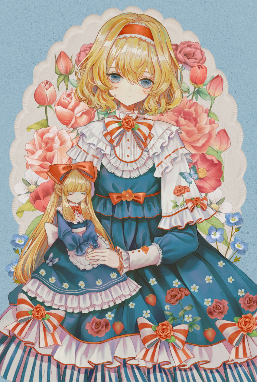 1girl alice_margatroid animal blonde_hair blue_dress blue_eyes bug butterfly capelet closed_mouth doll dress floral_print flower food_print hair_between_eyes hairband highres hourai_kiriri lolita_hairband long_sleeves looking_at_viewer pink_flower red_hairband shanghai_doll short_hair solo strawberry_print touhou white_capelet white_flower