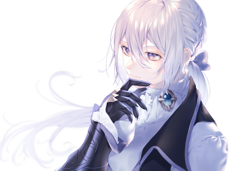 1boy absurdres ascot black_gloves black_vest bow braid brooch clawed_gauntlets fire_emblem fire_emblem_fates french_braid gauntlets gloves hair_between_eyes hair_bow hand_on_own_chin highres jakob_(fire_emblem) jewelry kita_282 long_hair looking_ahead low_ponytail male_focus parted_lips purple_bow shirt simple_background sleeves_past_wrists solo upper_body vest violet_eyes white_ascot white_background white_hair white_shirt