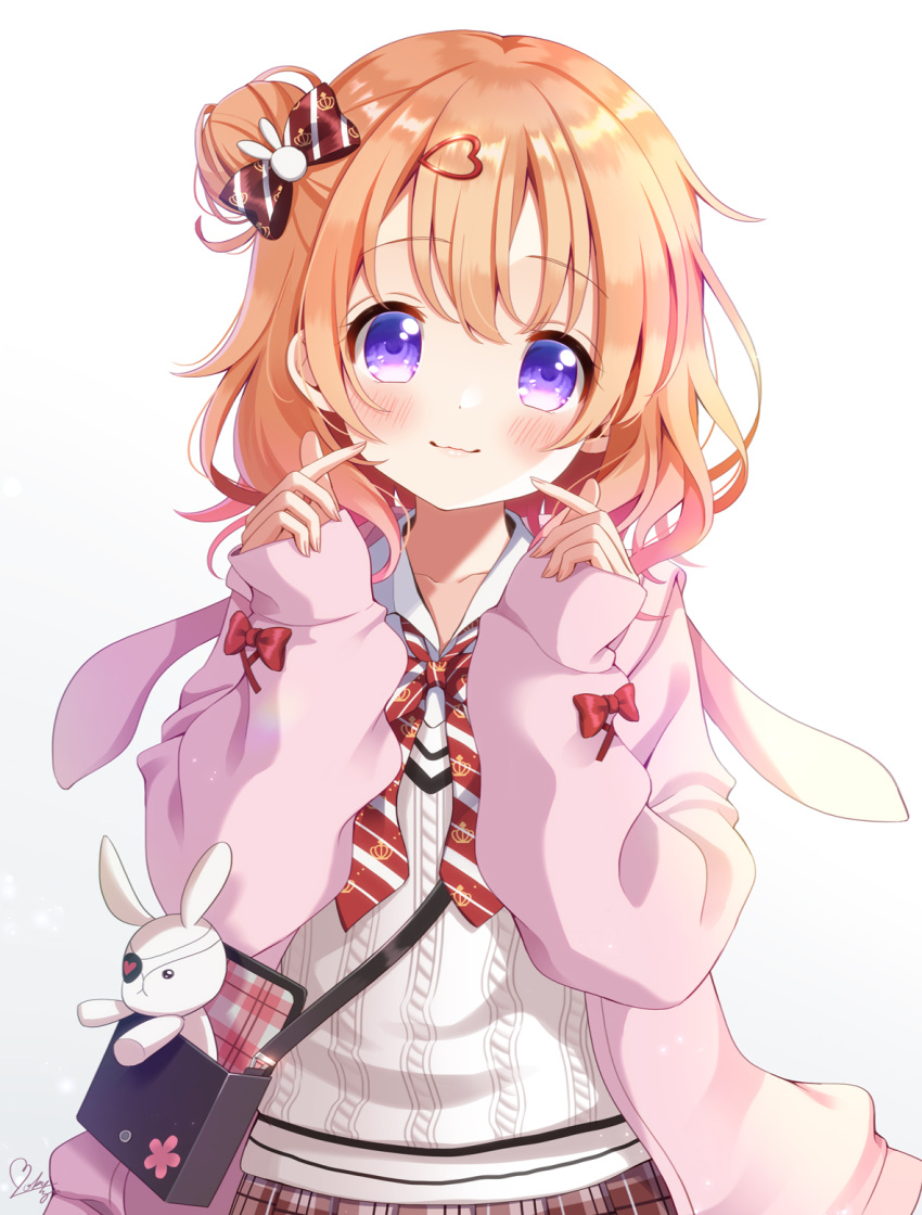 1girl bag bow bowtie commentary_request fingers_to_cheeks gochuumon_wa_usagi_desu_ka? hair_bun hair_ornament hairclip head_tilt heart heart_hair_ornament highres hoto_cocoa jacket long_hair long_sleeves looking_at_viewer mozukun43 orange_hair pink_jacket signature simple_background single_side_bun sleeves_past_wrists smile solo stuffed_animal stuffed_bunny stuffed_toy upper_body violet_eyes white_background
