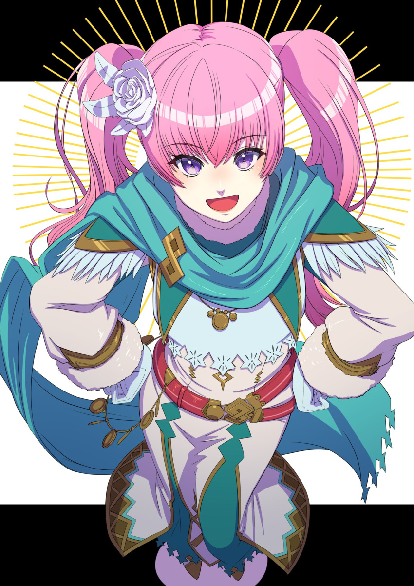 1girl :d aduti_momoyama aqua_scarf aqua_skirt bangs belt eyes_visible_through_hair fire_emblem fire_emblem:_the_blazing_blade fire_emblem_heroes flower from_above gloves hair_between_eyes hair_flower hair_ornament hands_on_hips highres jewelry long_hair long_skirt long_sleeves looking_at_viewer necklace official_alternate_costume pink_hair red_belt rose scarf serra_(fire_emblem) skirt smile solo standing twintails violet_eyes white_flower white_gloves white_rose