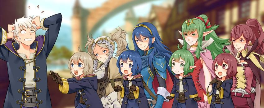 1boy 6+girls ahoge anna_(fire_emblem) armor bangs belt belt_buckle black_robe black_sweater blonde_hair blue_cape blue_gloves blue_hair blurry blurry_background bracelet brown_gloves buckle cape center_frills closed_mouth collar commentary commission dress english_commentary evil_smile father_and_daughter fire_emblem fire_emblem_awakening flying_sweatdrops frilled_skirt frills gloves green_eyes green_hair grey_shirt hair_between_eyes hair_ornament hair_ribbon harem headdress high_collar highres hood hood_down hooded_robe igni_tion index_finger_raised jewelry juliet_sleeves lissa_(fire_emblem) long_sleeves lucina_(fire_emblem) morgan_(fire_emblem) morgan_(fire_emblem)_(female) mother_and_daughter multiple_girls multiple_persona open_clothes open_mouth open_robe pink_cape pointy_ears ponytail puffy_sleeves red_belt red_cape red_dress red_eyes red_ribbon redhead ribbon robe robin_(fire_emblem) robin_(fire_emblem)_(male) shaded_face shirt short_hair shoulder_armor skirt sleeveless sleeveless_dress smile sweatdrop sweater teeth tiara tiki_(fire_emblem) turtleneck turtleneck_sweater twintails two-tone_cape underbust upper_teeth white_hair yellow_dress