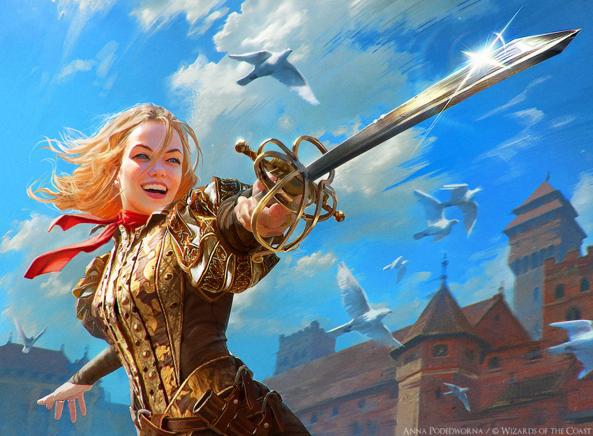 1girl akreon artist_name bird bird_wings blonde_hair blue_sky clouds company_name european_architecture european_city european_clothes fantasy glint happy holding holding_sword holding_weapon long_hair magic:_the_gathering necktie pointing_sword pointing_weapon puffy_sleeves rapier realistic red_necktie sheath sky standing sword weapon wings