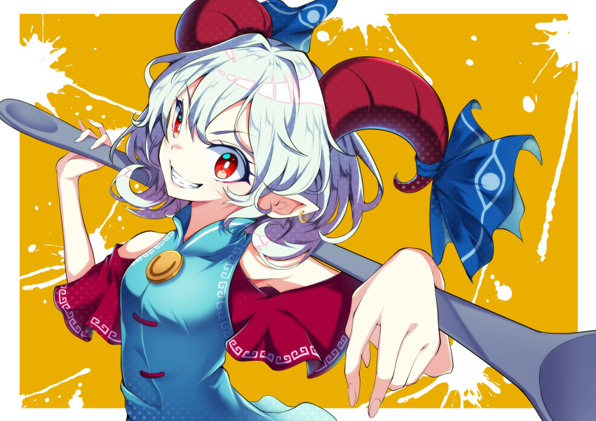 1girl absurdres blue_dress border curly_hair detached_sleeves dress earrings highres horn_ornament horn_ribbon horns jewelry meandros oversized_object patterned_clothing pointy_ears red_eyes red_horns red_sleeves ribbon sharp_teeth sheep_horns simple_background solo splatter_print teeth touhou toutetsu_yuuma utensil white_border white_hair yamanakaume yellow_background
