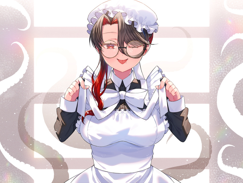 1girl ;p akirannu apron black_dress black_hair bow breasts collared_dress commentary_request copyright_request dress frilled_apron frills glasses gradient_hair half-closed_eye hands_up hat highres large_breasts long_hair long_sleeves maid maid_apron mob_cap mole mole_under_mouth multicolored_hair official_art one_eye_closed red_eyes redhead round_eyewear solo tentacles tongue tongue_out white_apron white_bow white_headwear window