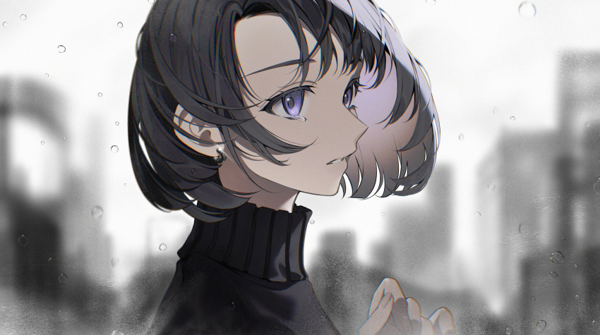 1girl absurdres black_hair black_sweater bob_cut colored_inner_hair crying crying_with_eyes_open earrings from_side glint hand_up highres jewelry multicolored_hair original parted_lips profile rain sogawa solo sweater tears turtleneck turtleneck_sweater violet_eyes