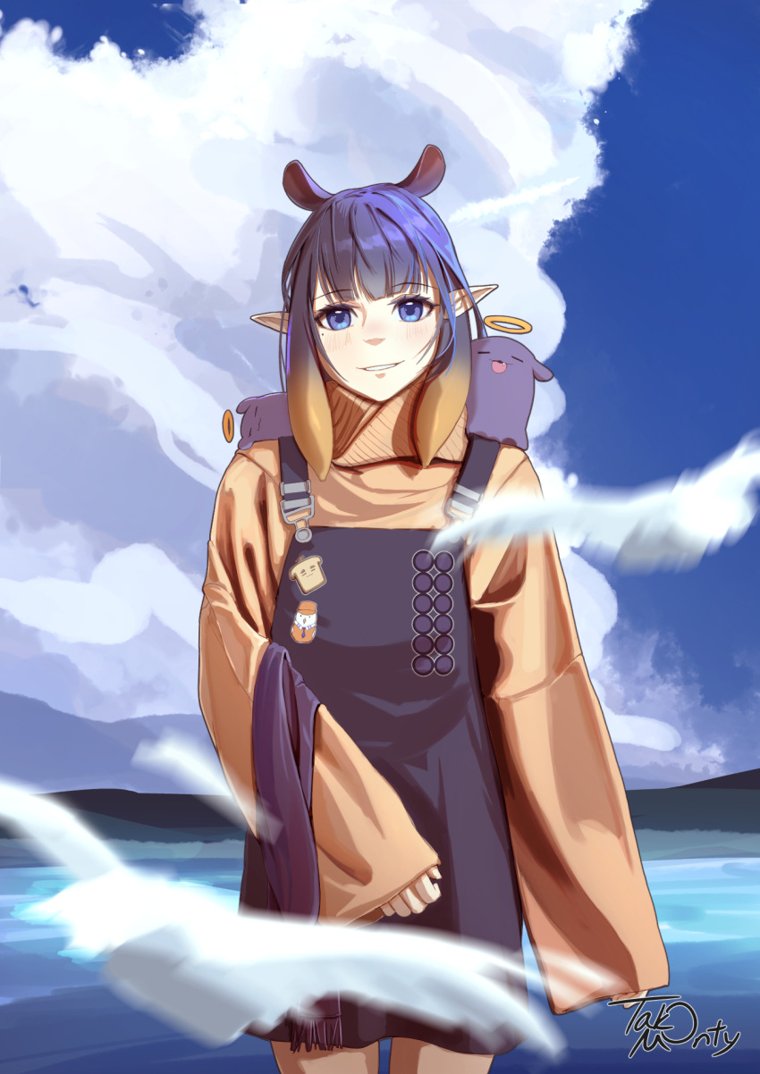 1girl bird blue_sky clouds cumulonimbus_cloud dress grey_eyes highres hololive hololive_english long_hair looking_at_viewer ninomae_ina'nis outdoors pointy_ears purple_hair sky skyline solo sweater takodachi_(ninomae_ina'nis) takomonty tentacle_hair water