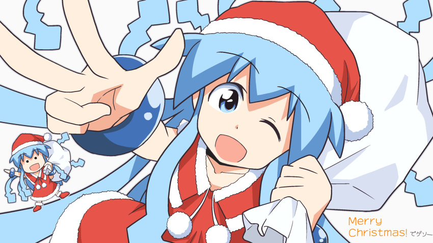 2girls :d ;d bangs blue_eyes blue_hair bracelet christmas commentary_request dress english_text enoya-eno highres holding holding_sack ikamusume jewelry long_hair looking_at_viewer merry_christmas mini-ikamusume multiple_girls one_eye_closed one_side_up open_mouth over_shoulder red_dress red_footwear red_headwear sack shinryaku!_ikamusume short_dress sleeveless sleeveless_dress smile solid_circle_eyes tentacle_hair w white_background