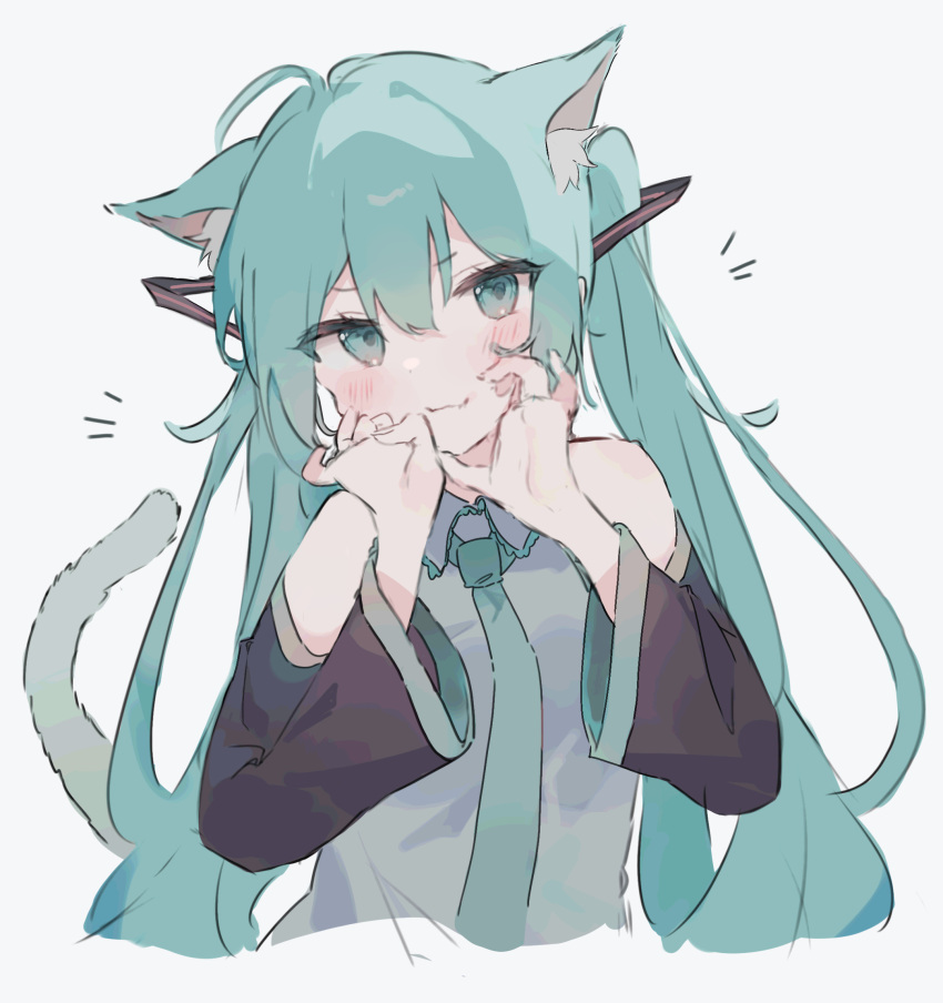 1girl :3 ahoge animal_ear_fluff animal_ears aqua_eyes aqua_hair aqua_necktie bangs bare_shoulders black_sleeves blush cat_ears cat_girl cat_tail claw_pose closed_mouth cropped_torso detached_sleeves dot_nose grey_background hair_between_eyes hair_ornament hands_up hatsune_miku highres kemonomimi_mode long_hair long_sleeves looking_at_viewer muted_color necktie notice_lines o_(jshn3457) simple_background sleeveless smile solo tail thick_eyelashes twintails upper_body v-shaped_eyebrows vocaloid w_arms wide_sleeves wing_collar
