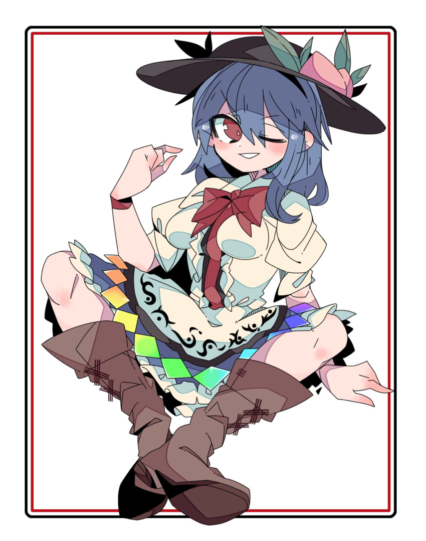 1girl ;d black_headwear blue_skirt boots breasts brown_footwear collared_shirt commission food fruit full_body highres hinanawi_tenshi large_breasts leaf one_eye_closed open_mouth peach r.h_no.1_fuyumomo rainbow_order red_eyes shirt short_sleeves sitting skeb_commission skirt smile solo touhou white_background white_shirt