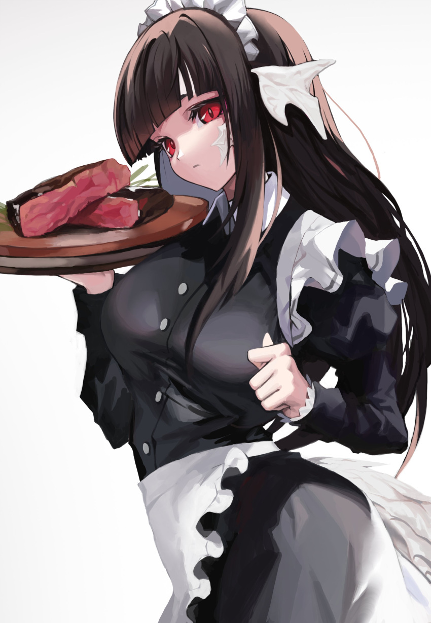 1girl absurdres apron archived_source au_ra bangs black_dress black_hair black_shirt blunt_bangs breasts cowboy_shot cyobiro dragon_girl dragon_horns dragon_tail dress final_fantasy final_fantasy_xiv food highres hime_cut holding holding_tray horns juliet_sleeves large_breasts long_hair long_sleeves maid maid_apron maid_headdress puffy_sleeves red_eyes scales shirt sidelocks solo steak tail tray very_long_hair white_background
