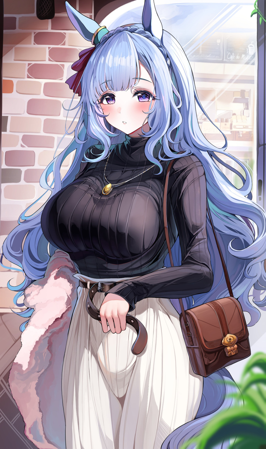 1girl absurdres animal_ears bag bangs belt black_sweater blue_hair blunt_bangs blurry blurry_foreground braid breasts brick_wall brown_belt ear_ornament handbag high-waist_pants highres horse_ears horse_girl horse_tail jewelry large_breasts long_hair long_sleeves looking_at_viewer mejiro_ardan_(umamusume) pants parted_lips sak_(lemondisk) shiny shiny_hair solo sweater tail turtleneck turtleneck_sweater umamusume violet_eyes white_pants