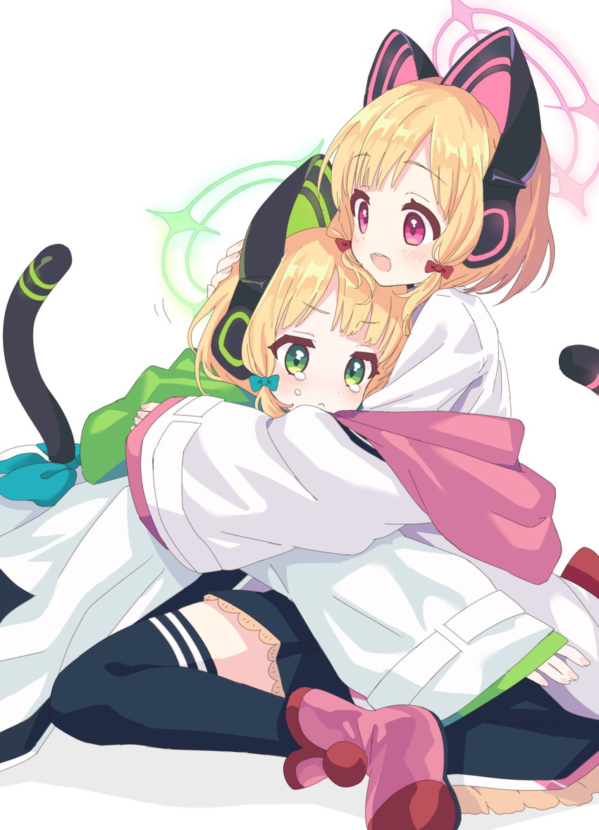 2girls :&lt; animal_ear_headphones animal_ears bangs black_skirt black_thighhighs blonde_hair blue_archive bow cat_ear_headphones cat_tail check_commentary coat commentary_request crying crying_with_eyes_open dot_nose fake_animal_ears green_bow green_eyes hair_bow halo headphones highres hooded_coat hug legs light_blush long_sleeves looking_at_another looking_away midori_(blue_archive) momoi_(blue_archive) multiple_girls on_floor open_mouth oversized_clothes pink_eyes pink_footwear red_bow shirt short_hair siblings sisters sitting skirt smile tail tears teeth thigh-highs thighs tibaridooor twins upper_teeth wariza white_background white_coat white_shirt