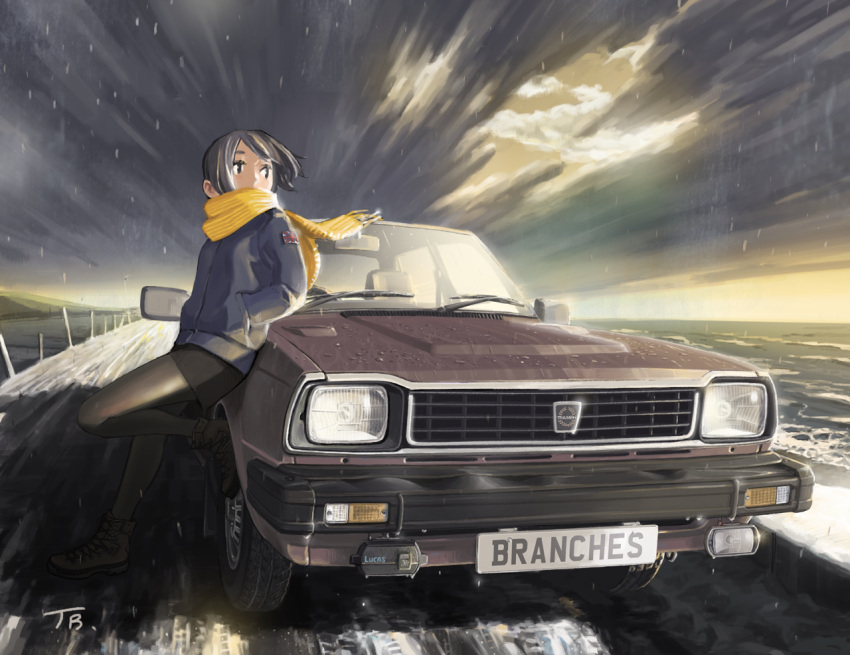 1girl black_eyes black_hair black_skirt blue_jacket boots car clouds cloudy_sky commentary commentary_request ground_vehicle hands_in_pockets jacket jettoburikku leaning_back looking_to_the_side motor_vehicle original outdoors pantyhose rain scarf short_hair skirt sky triumph_(car) union_jack vehicle_focus wet