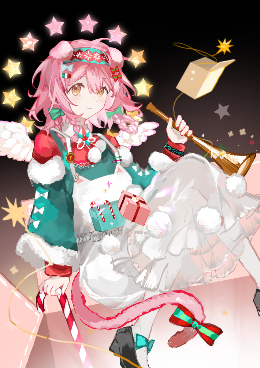 1girl absurdres animal_ears annnnq arknights bow braid candy candy_cane cat_ears cat_girl cat_tail floppy_ears floral_print flower food fur_trim goldenglow_(arknights) goldenglow_(night_loving_servant)_(arknights) green_bow green_shirt hair_between_eyes hair_bow highres holding light_blush long_hair long_sleeves looking_at_viewer official_alternate_costume overalls pantyhose poinsettia print_hairband red_bow red_shirt shirt sitting star_(symbol) tail tail_bow tail_ornament white_footwear white_overalls white_pantyhose yellow_eyes