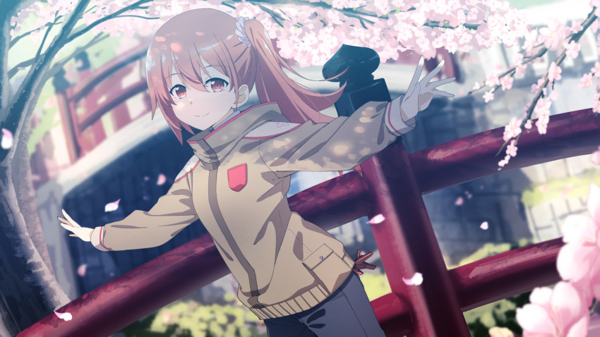 1girl bangs blush brown_eyes brown_hair brown_jacket cherry_blossoms falling_petals hair_between_eyes half-closed_eyes high_collar highres jacket looking_at_viewer open_hands outdoors outstretched_arms pants petals side_ponytail sidelocks smile solo squinting standing tree woori_(jtfy3485) yuuki_yuuna yuuki_yuuna_wa_yuusha_de_aru yuusha_de_aru