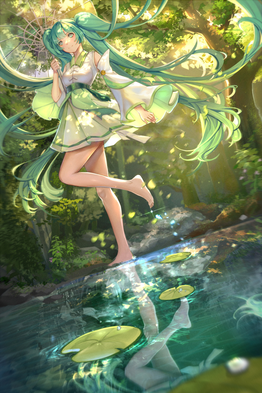 1girl arua bangs barefoot belt blush collared_dress dappled_sunlight day detached_sleeves dress forest green_eyes green_hair hatsune_miku highres holding holding_umbrella lily_pad long_hair long_sleeves nature outdoors pleated_dress pond reflection reflective_water sash scenery sleeveless sleeveless_dress smile solo standing standing_on_one_leg sunlight transparent transparent_umbrella tree twintails umbrella very_long_hair vocaloid water water_drop