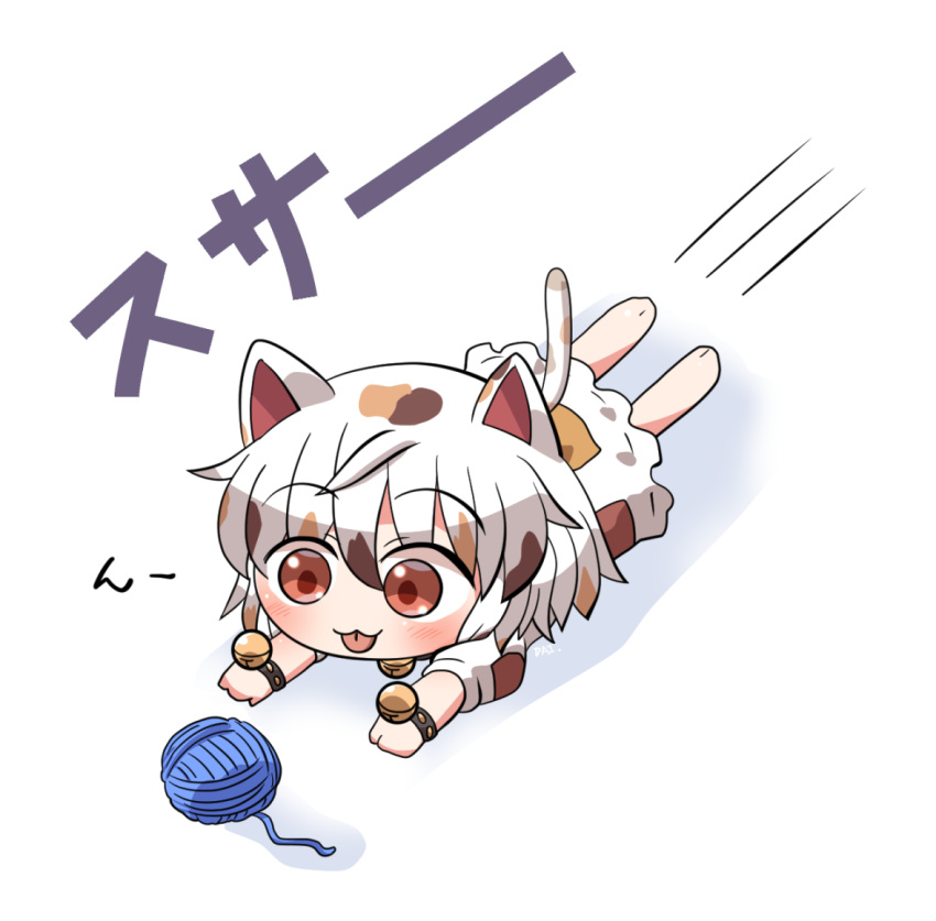 1girl animal_ears barefoot bell blush cat_ears cat_tail goutokuji_mike hair_between_eyes jingle_bell multicolored_hair orange_eyes patch rokugou_daisuke short_hair short_sleeves shorts signature simple_background solo streaked_hair tail tongue tongue_out touhou white_background white_hair white_shorts