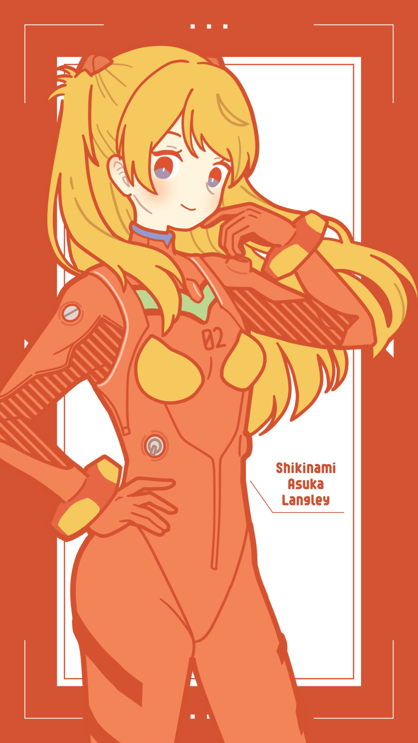 1girl absurdres blue_eyes blush bodysuit breasts character_name cowboy_shot hand_on_hip hand_up highres limited_palette long_hair looking_at_viewer multicolored_bodysuit multicolored_clothes neon_genesis_evangelion orange_hair pilot_suit plugsuit red_bodysuit red_theme small_breasts smile solo souryuu_asuka_langley yoshimon