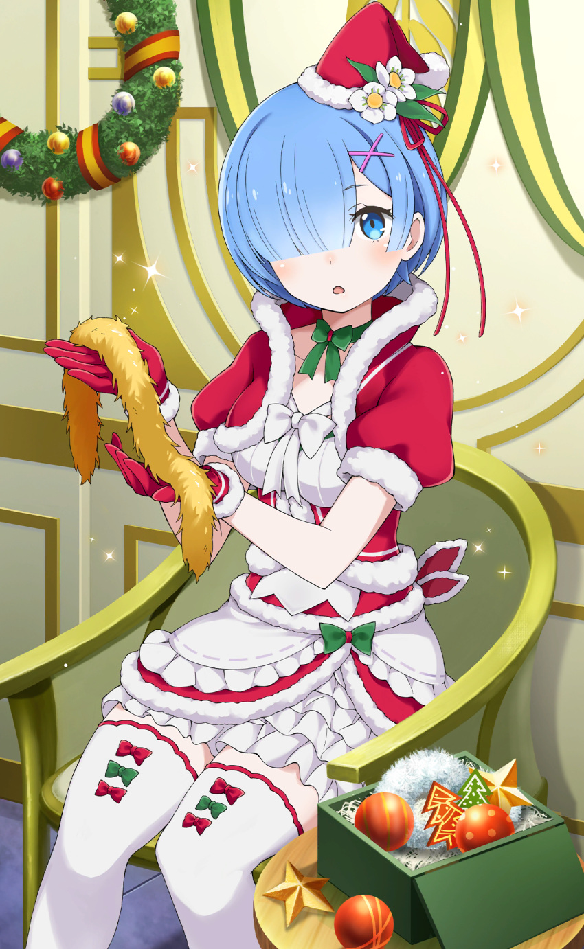 blue_eyes blue_hair christmas_wreath gloves hair_over_one_eye hat highres looking_at_viewer official_art open_mouth re:zero_kara_hajimeru_isekai_seikatsu re:zero_kara_hajimeru_isekai_seikatsu:_lost_in_memories red_gloves rem_(re:zero) santa_hat sitting thigh-highs white_thighhighs