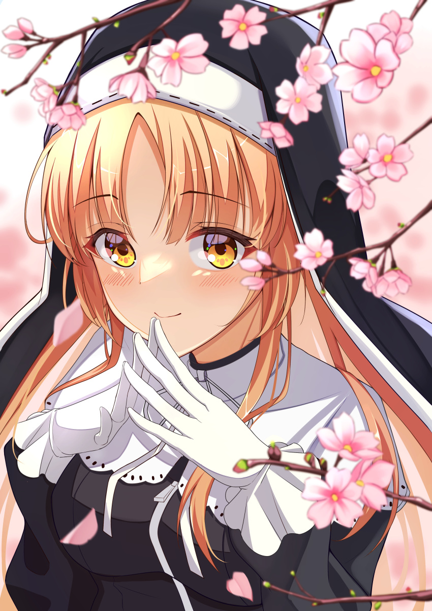 1girl absurdres black_dress blonde_hair blush capelet cherry_blossoms closed_mouth dress frilled_gloves frills full-length_zipper gloves habit high_collar highres hisato_sumeru long_hair long_sleeves looking_at_viewer nijisanji nun sister_cleaire smile solo steepled_fingers upper_body virtual_youtuber white_capelet white_gloves yellow_eyes zipper zipper_dress