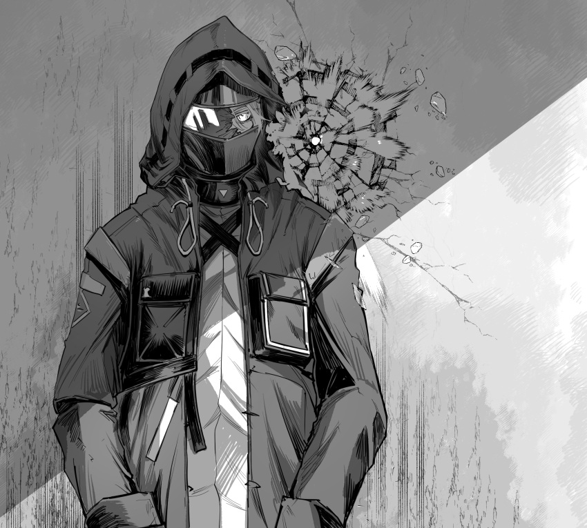 1other ambiguous_gender arknights broken_mask bullet_hole doctor_(arknights) greyscale highres hood hood_up hooded_jacket jacket long_sleeves looking_at_viewer mask mask_over_one_eye monochrome open_clothes open_jacket redandblackm solo upper_body