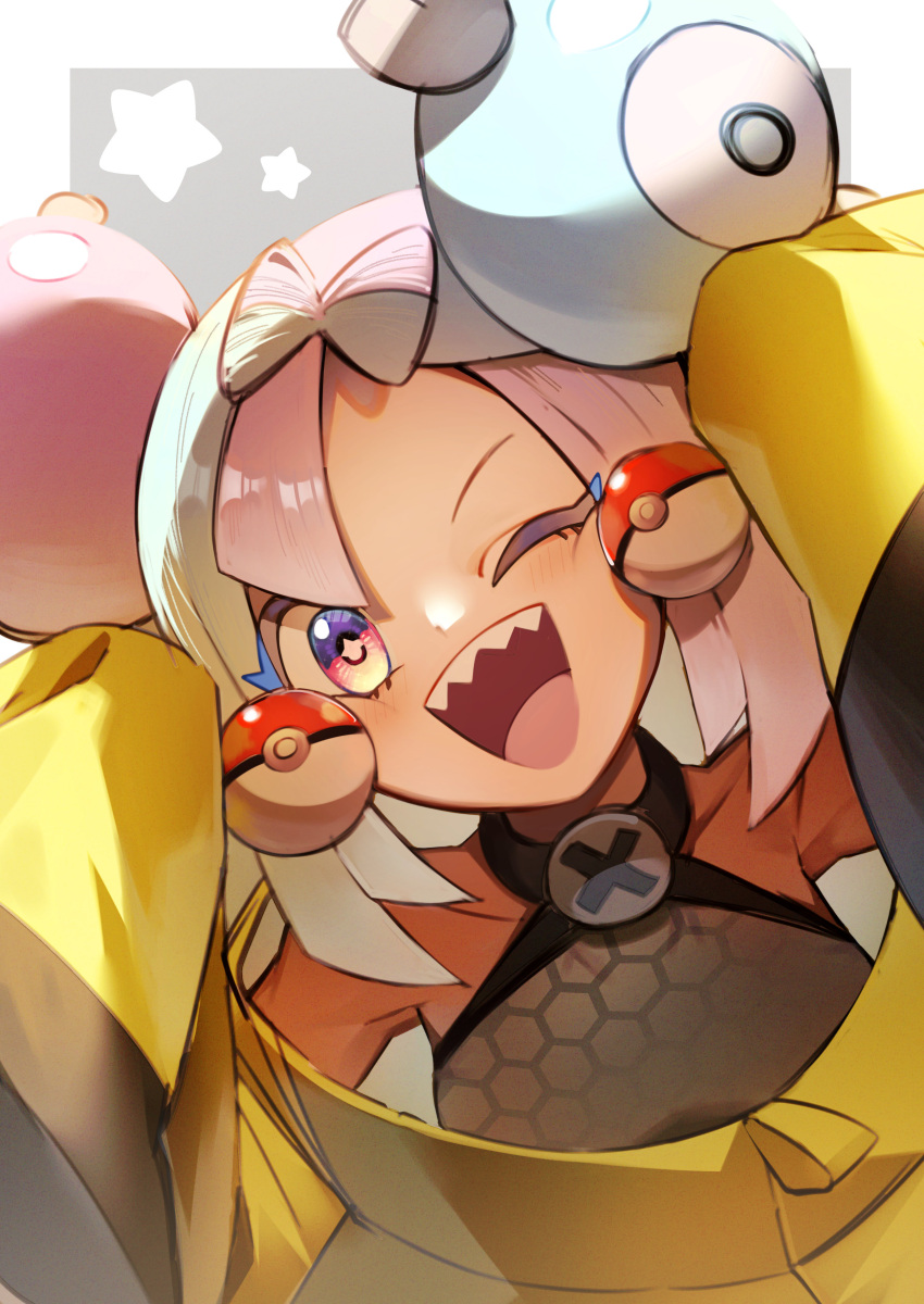 1girl absurdres bow-shaped_hair character_hair_ornament hair_ornament haru_senshuu highres iono_(pokemon) jacket long_hair multicolored_hair oversized_clothes pink_eyes pink_hair pokemon pokemon_(game) pokemon_sv sharp_teeth sleeves_past_fingers sleeves_past_wrists solo star_(symbol) star_in_eye symbol_in_eye teeth two-tone_hair very_long_hair very_long_sleeves x yellow_jacket