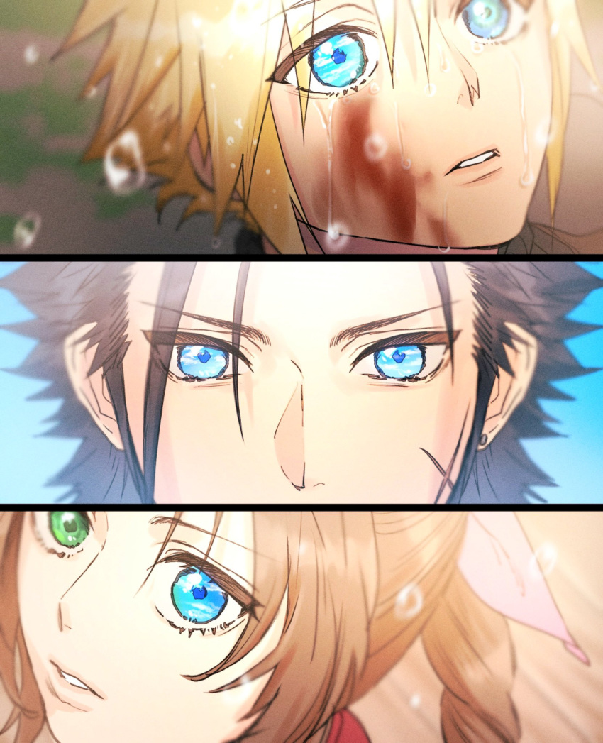 1girl 2boys aerith_gainsborough ah_yoshimizu alternate_eye_color bangs black_hair blonde_hair blood blood_on_face blue_eyes blurry blurry_background braid braided_ponytail brown_hair close-up cloud_strife crisis_core_final_fantasy_vii crying final_fantasy final_fantasy_vii green_eyes hair_between_eyes heterochromia highres long_hair looking_up multiple_boys parted_bangs parted_lips pink_ribbon rain ribbon scar scar_on_cheek scar_on_face short_hair tears upper_body water_drop zack_fair